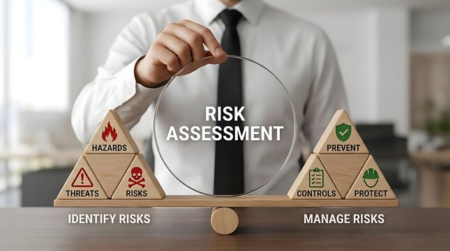 Business professional performing risk assessment with balanced scales, identifying hazards, threats, and risks, and managing with prevention, controls, and protection.