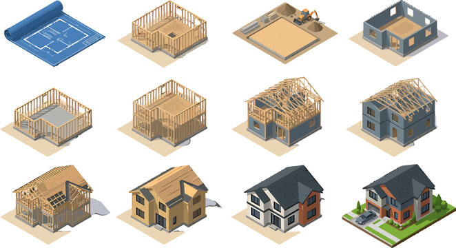 Isometric house construction stages set showing building process from blueprint to finished residential home vector illustration