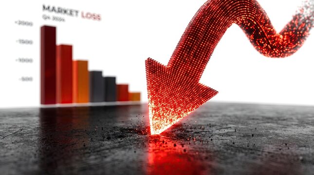 Market loss graph shows downward trend with red arrow on floor