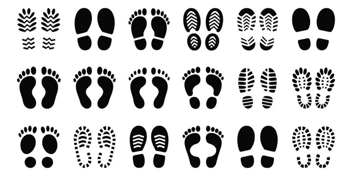 Footprints and Shoe Prints in Various Styles and Directions, Black Track Marks Vector
