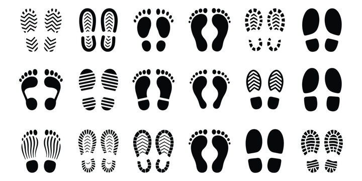 Footprints and Shoe Prints in Various Styles and Directions, Black Track Marks Vector