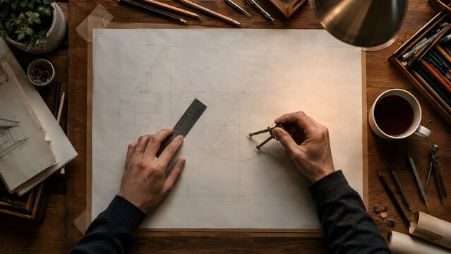 Architect hands using a metal compass and ruler to draw precise geometric shapes on a large white paper sheet while working at a vintage wooden desk