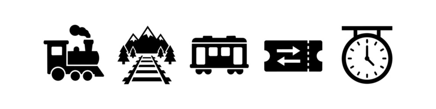 A collection of black railway icons featuring a steam locomotive, mountain tracks, train carriage, ticket, and station clock on a white background, perfect for travel and transport designs.