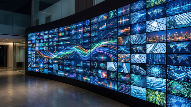 Futuristic Cyber Data Wall Consisting Of Dozens Of Small Borderless Screens Seamlessly Linked Together Online