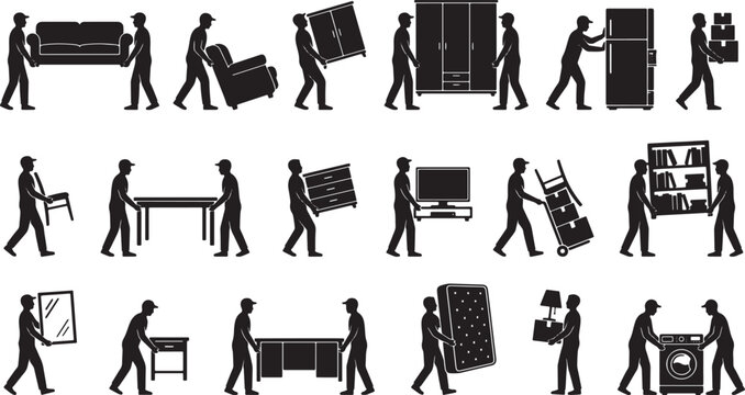 Movers and delivery workers carrying furniture and household appliances vector silhouette set for relocation and logistics services