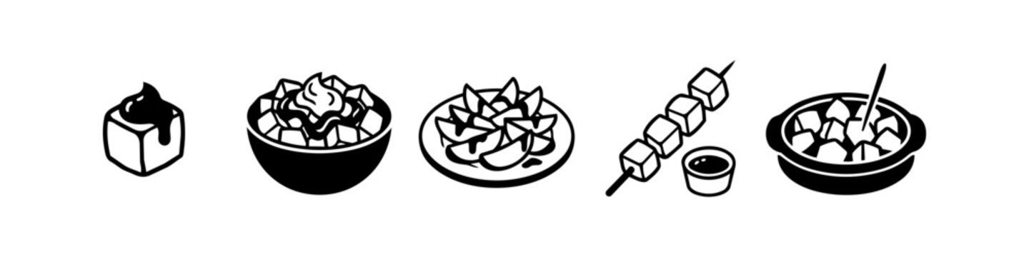 A set of minimalist black and white vector icons featuring potato snacks, including patatas bravas, wedges, skewers, and dipping sauces. Hand-drawn doodle style for menus and culinary designs.