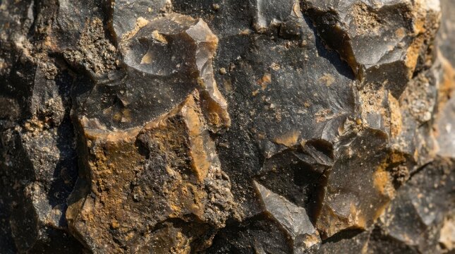 Raw Flint Stone Texture Close Up, Dark Sedimentary Rock with Conchoidal Fracture Pattern, Natural Mineral Background for Geology and Prehistoric Tool Making Concepts