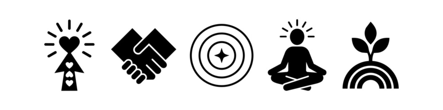 Set of five minimalist black icons on a white background representing core values: love, partnership, focus, mindfulness, and sustainable growth. Ideal for corporate branding and wellness concepts.