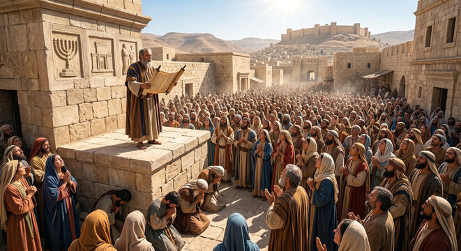 Bible, A wide-angle, epic-scale photograph of Josiah standing on a raised platform in the city square, reading aloud from the recovered Book of the Law to a massive, captivated crowd of Israelites. 