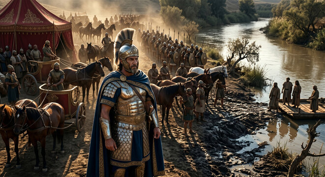 Bible, A cinematic, wide-angle photograph capturing Naaman, the powerful Syrian commander, arriving at the banks of the Jordan River. 