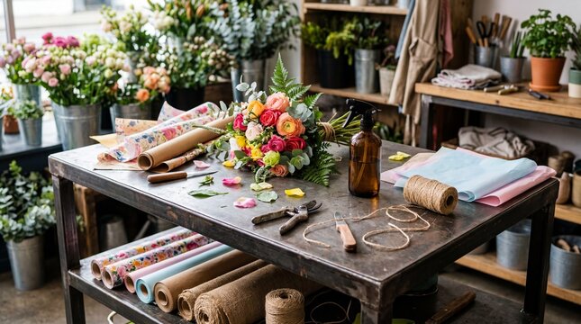 Industrial Metal Workbench In A Creative Flower Shop With Water Spray Bottle Wrapping Paper Background