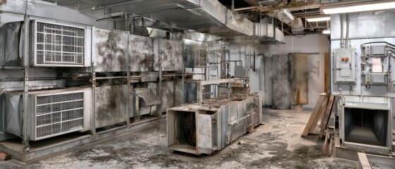 Fototapeta premium Cleaning process in a commercial kitchen area during renovation and maintenance work