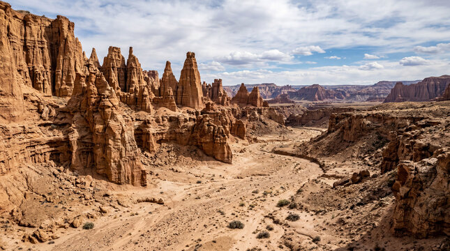 Wide Desert Canyon Ravine Featuring Dramatic Natural Rock Pillars And Spires Along Its Outer Edge