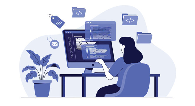 Programmer working on computer with code on screen, folders, tags and email icon, plant in pot, technology development concept.