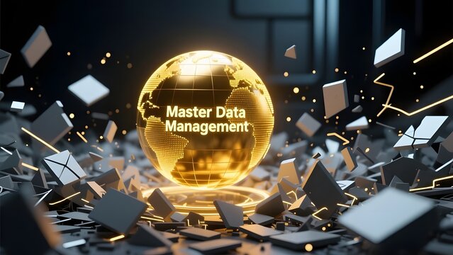 Master Data Management glowing digital globe, futuristic global information network concept, golden earth sphere with floating data fragments