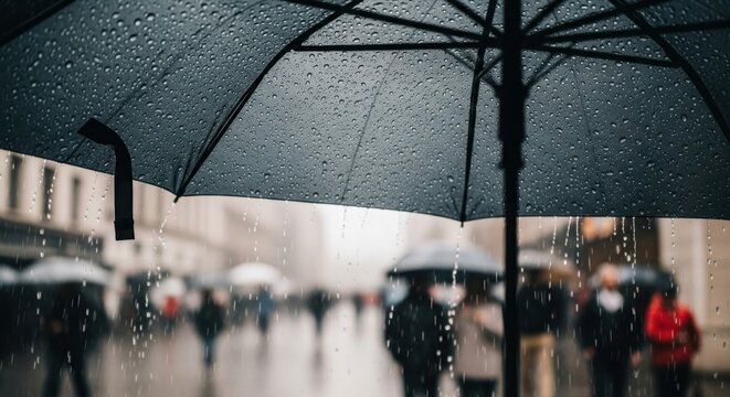 Black umbrella shielding from heavy rain on a busy city street with blurred pedestrians, capturing the essence of a wet day.