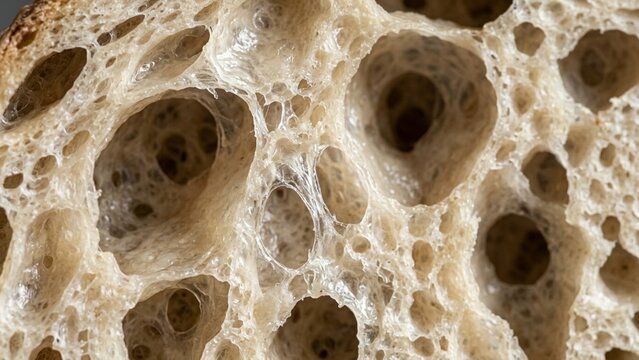 Sourdough bread crumb structure showing open airy pockets and elastic gluten network in macro detail