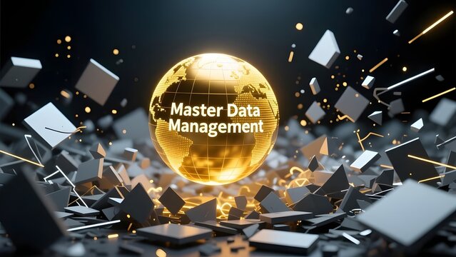 Master Data Management concept with golden globe, digital information governance and corporate data strategy, glowing earth with floating blocks