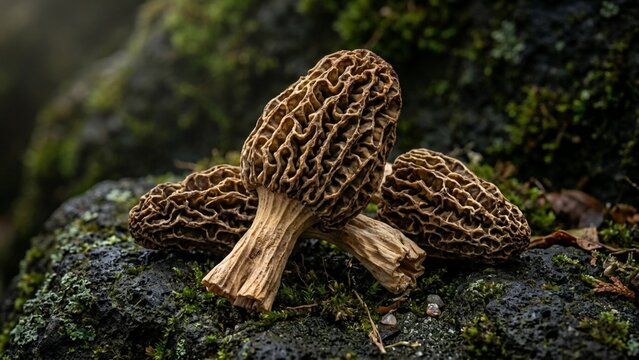 Fresh morel mushrooms resting on mossy dark volcanic rock in natural forest light