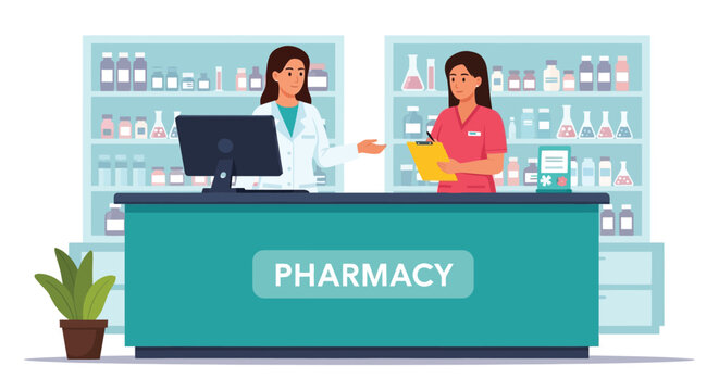Pharmacy service professional pharmacist worker woman characters standing behind counter with medical inventory background vector illustration flat style design.