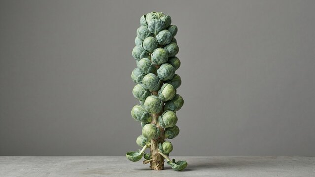Fresh green Brussels sprouts stalk standing vertically on a stone table against a gray background