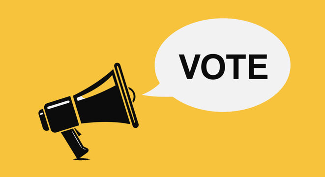 Vote now: Black megaphone with speech bubble encouraging citizen participation no comma