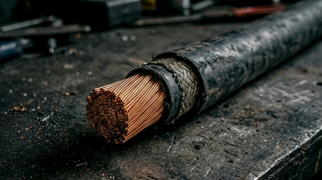 Close-up of a heavily worn, burnt electrical cable showing frayed insulation and exposed copper strands on a rusty metal surface.