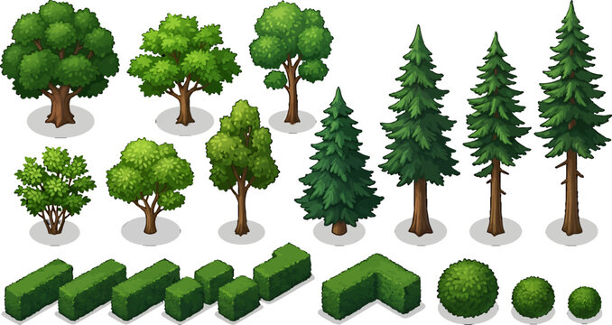 Set of isometric trees and garden hedges for landscape design and architectural visualization in vector illustration format