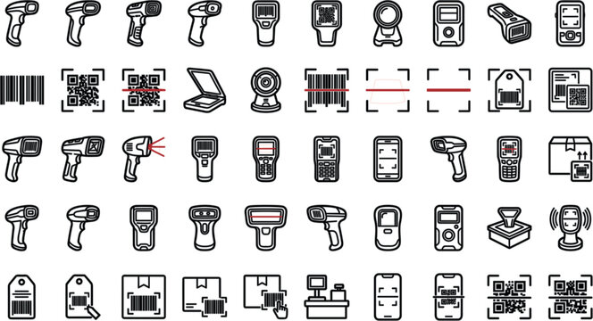 Barcode Scanner and QR Code Reader Line Icon Set Featuring Handheld Scanners, Digital Laser Beams, Matrix Codes, and Logistics Inventory Product Labeling Design SymbolsBarcode Scanner and QR Code Read
