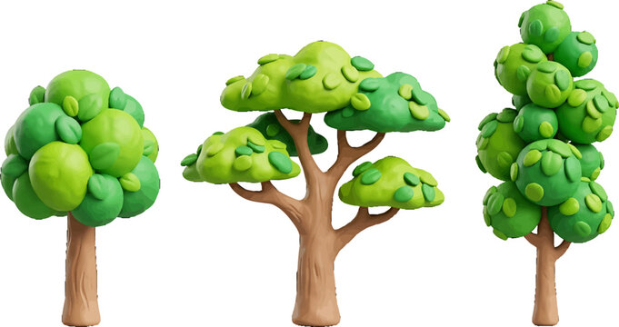 Set of three stylized clay trees with green foliage and brown trunks isolated on white background vector