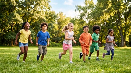Fototapeta premium Diverse Children Running And Playing In Sunny Park