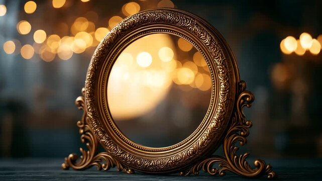 Ornate vintage brass vanity mirror in warm light