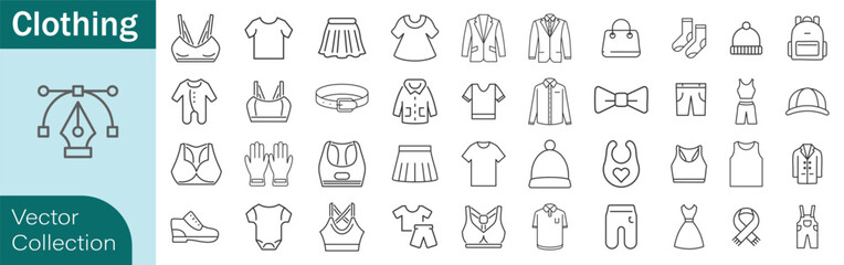 Clothing, apparel line icons set. Oversize t-shirt, hoodie, wide-leg jeans, puffer jacket, bra, jumpsuit flat minimal vector illustrations. Simple outline signs. 48x48 Pixel Perfect. Editable Stroke © Sheikh Art
