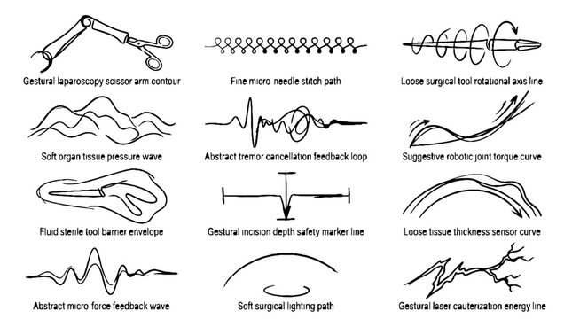 Collection of medical robotic surgery diagrams and technical line art illustrations.