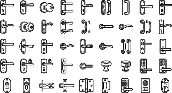 Door Handle and Lock Hardware Line Icon Set Featuring Classic Knobs, Lever Handles, Smart Digital Electronic Keypads, Fingerprint Scanners, Hinges, and Architectural Security Vector SymbolsDoor Handle