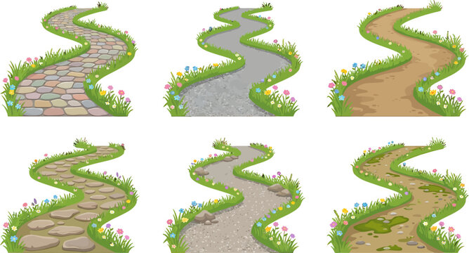 Set of winding garden paths with stone, gravel, and dirt textures surrounded by green grass and flowers