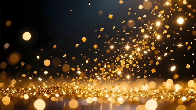 Golden glitter explosion on black background, shimmering gold confetti particles, luxury bokeh light effect for celebration and holiday design