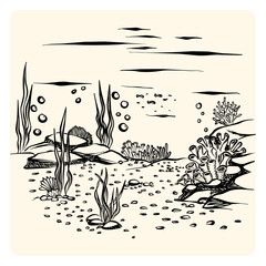 Naklejka premium Underwater Sea Life Background with Coral Reef and Fish Doodle