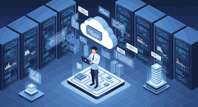 Man working on laptop in futuristic data center with cloud computing.