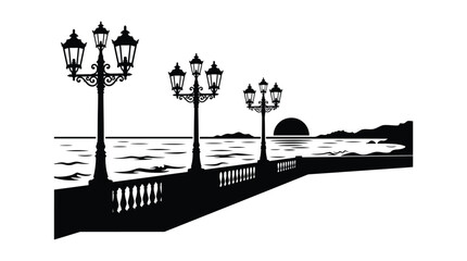 Obraz premium Coastal Scene With Lamp Posts And Water Black Silhouette