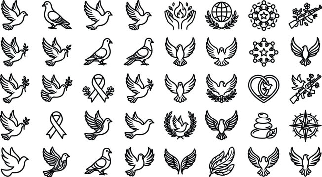 Peace Dove and Harmony Line Icon Set Featuring Flying Birds, Olive Branches, Laurel Wreaths, Globe Unity Symbols, Awareness Ribbons, and Anti War Graphic Design ElementsPeace Dove and Harmony Line Ico