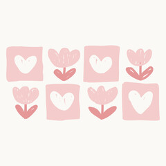 Cute hand drawn pink and mauve tulip and heart tiles composition isolated on white background  © Little Joy Designs