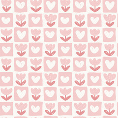 Seamless pattern of retro hand drawn tulip and heart tiles in pink and mauve pink tones  © Little Joy Designs