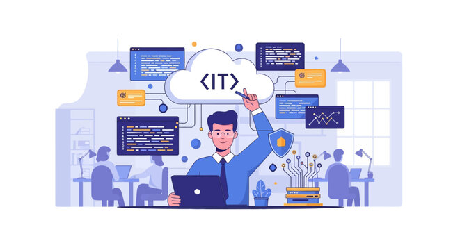 Man working on cloud technology and coding in office environment.