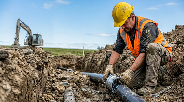 A worker in high-visibility gear and hard hat connects large pipes in a dug trench, with an excavator in background.