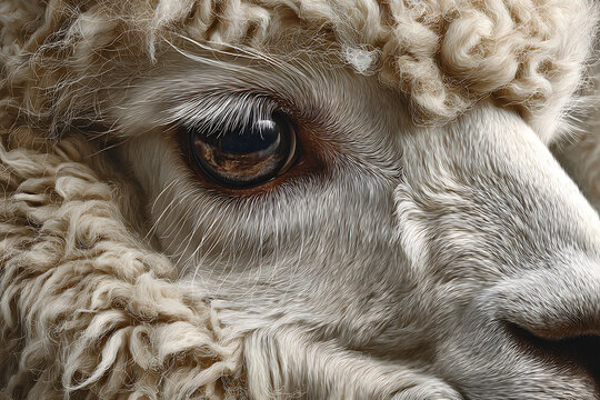 Closeup of a sheeps eye with woolly fur around it