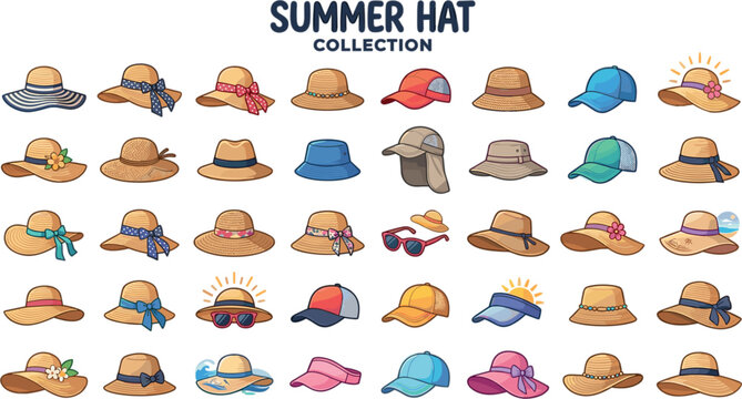Summer Hat Collection Vector Icon Set Featuring Straw Sun Hats, Wide Brim Beach Fedoras, Bucket Hats, Sporty Baseball Caps, Visors, and Tropical Headwear Apparel AccessoriesSummer Hat Collection Vecto