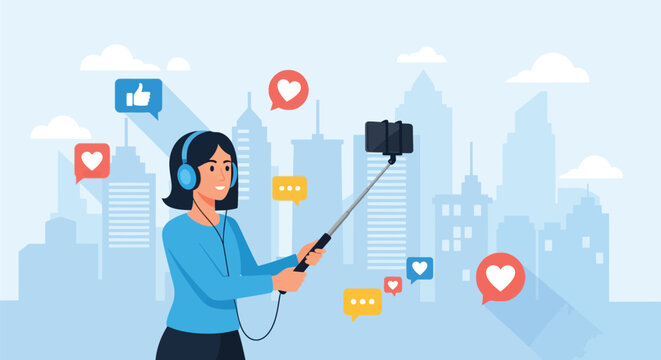 Social media influencer recording video with selfie stick flat illustration featuring young woman wearing headphones surrounded by heart and like notification.