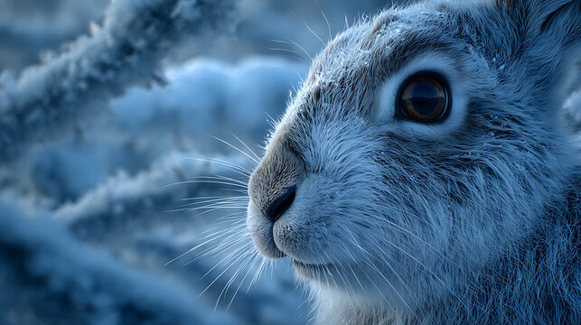 Closeup of a snowshoe hares face in a winter environment