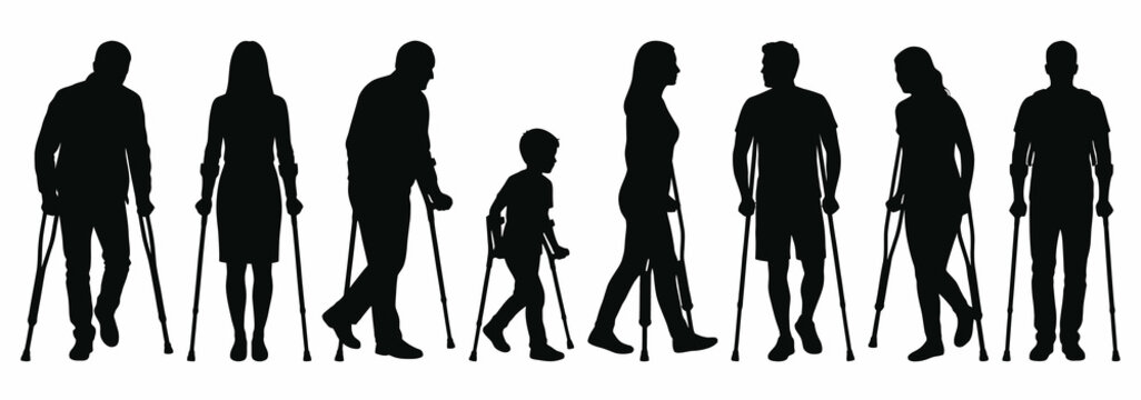 Black Silhouette Set Of People With Crutches Disability Accessibility And Rehabilitation Figures